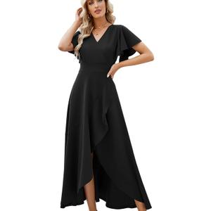 Long Black Formal Dresses for Women Gowns Evening Party Cocktail Dress,Split Elegant V Neck Wrap Ruffle Wedding Guest Dresses (Large)