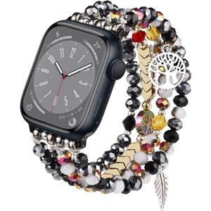 MOFREE Beaded Bracelet Compatible with Apple Watch Band 38mm/40mm/41mm/42mm, Fashion Elastic Stretch Women Bands for iWatch Series 11/10/9/8/7/SE/6/5/4/3/2/1 iPhone Watch Strap Bands (Black/Gray)