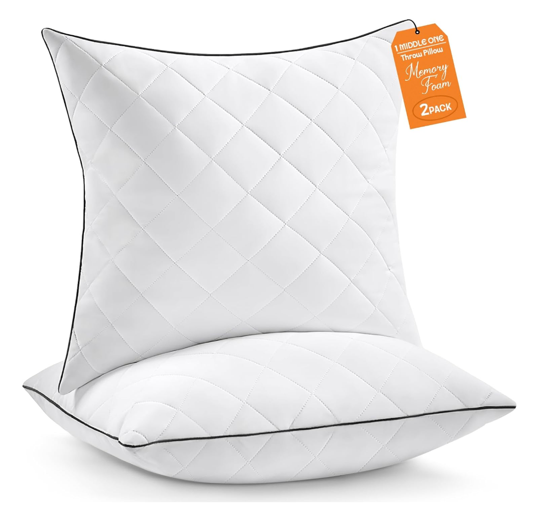 1 MIDDLE ONE Throw Pillows (Pack of 2, White), 16 x 16 Inches Decorative Pillow Insert for Couch, Sofa and Bed, Memory Foam Indoor Square Pillow Forms Stuffer (16x16 Inch)