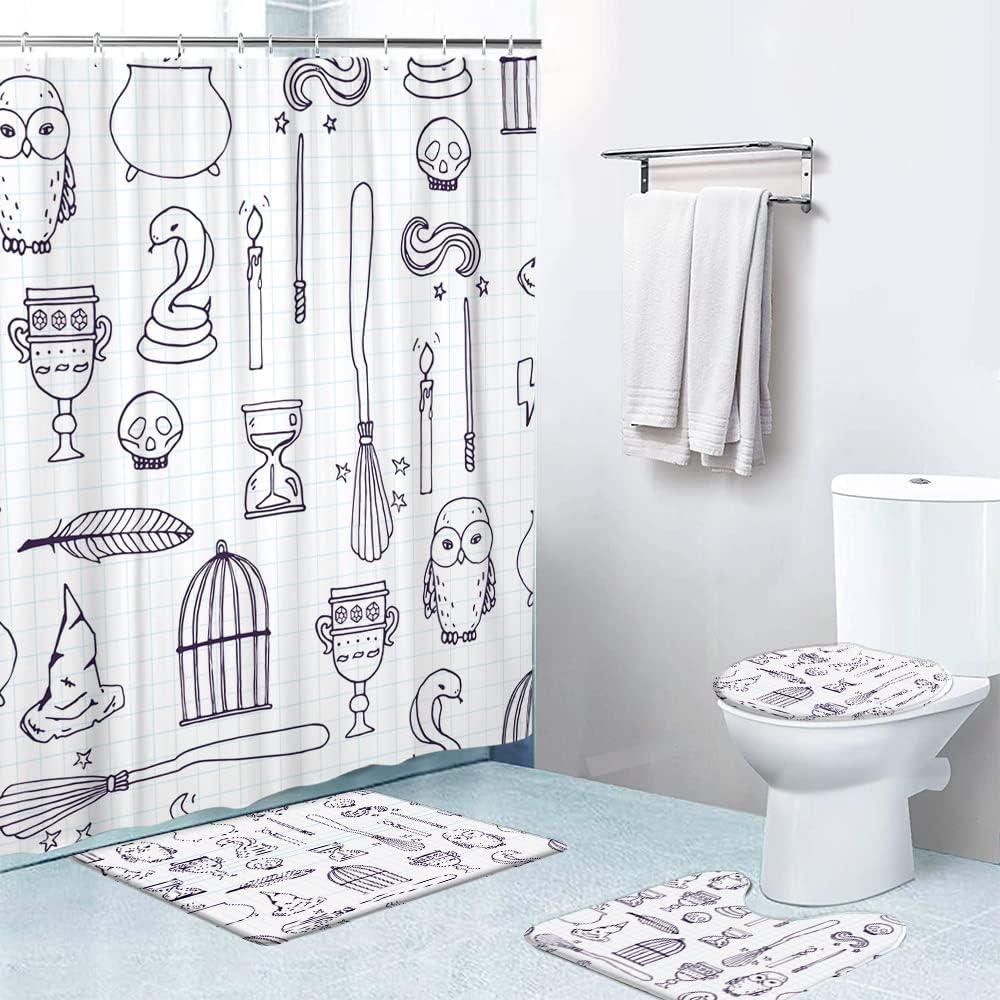 LOKMU 4 Pcs Shower Curtain Sets with Non-Slip Rugs, Toilet Lid Cover and Bath Mat,Witch Birdcage Magic Books Owl Wand Broom Waterproof Shower Curtain with 12 Hooks, Bathroom Decor Sets, 72" x 72"