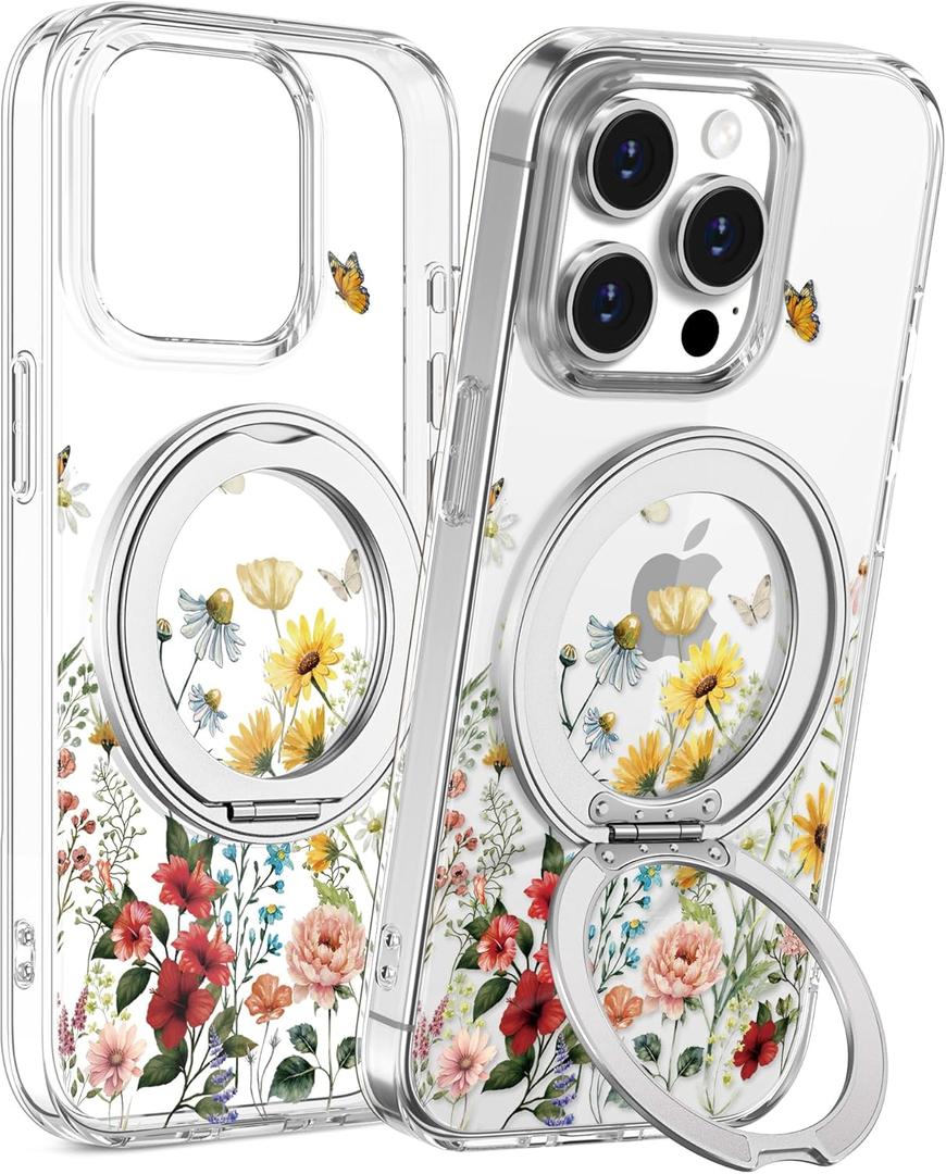 Loheckle for iPhone 15 Pro Max Case with Stand- Compatible with MagSafe Women Girls Cute Clear Girly Aesthetic Unique Design Soft TPU Magnetic Ring Phone Cover for Apple 15 Promax, Flower (Retro Floral)