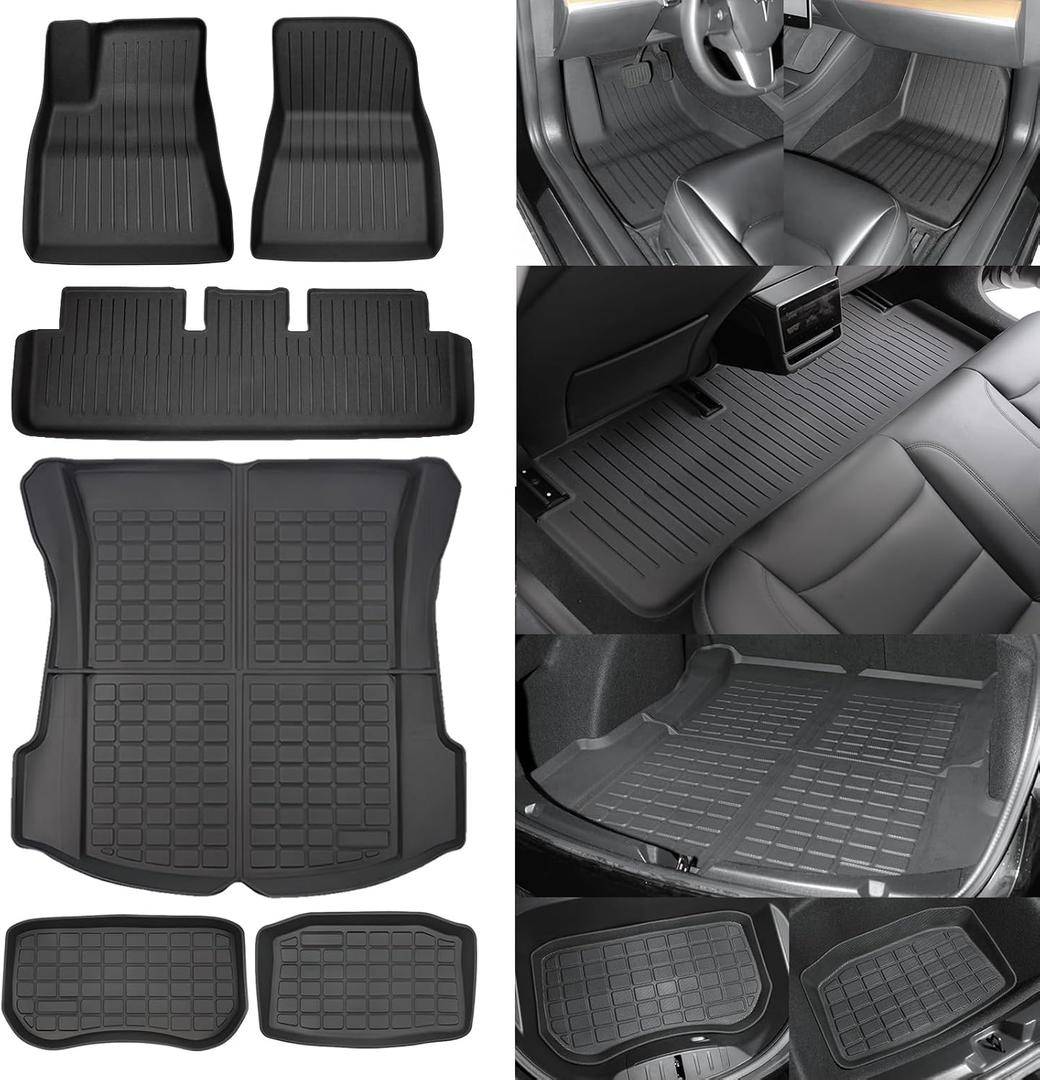 SUPER LINER Tesla Model 3 Floor Mats 2021 2022 2023 All-Weather Floor Mats Set (6 Pieces) | Custom Fit, Pet & Child-Friendly | Tesla Model 3 Cargo Liner Rear Cargo Tray Trunk Interior Accessories