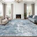 10x14 Area Rugs for Living Room, Non Slip Machine Washable Vintage Rugs, Low Pile Lightweight Large Rug for Bedroom, Dining Room, Home Office Blue