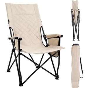 Folding Camping Chair, High Back Padded Portable Camp Chair with Storage Bag, 600D Oxford Fabric Comfortable Chair for Outdoor Camping, Beach, Fishing (Beige)