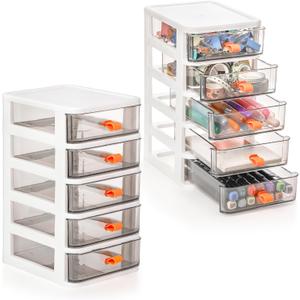 Pack of 2 Small Desktop Drawer Storage Unit, Clear 5-Drawer Unit, Plastic Mini Organizer with Drawers, Organizer Box Storage Container Case 5.3"x6.7"x10.2" White Frame