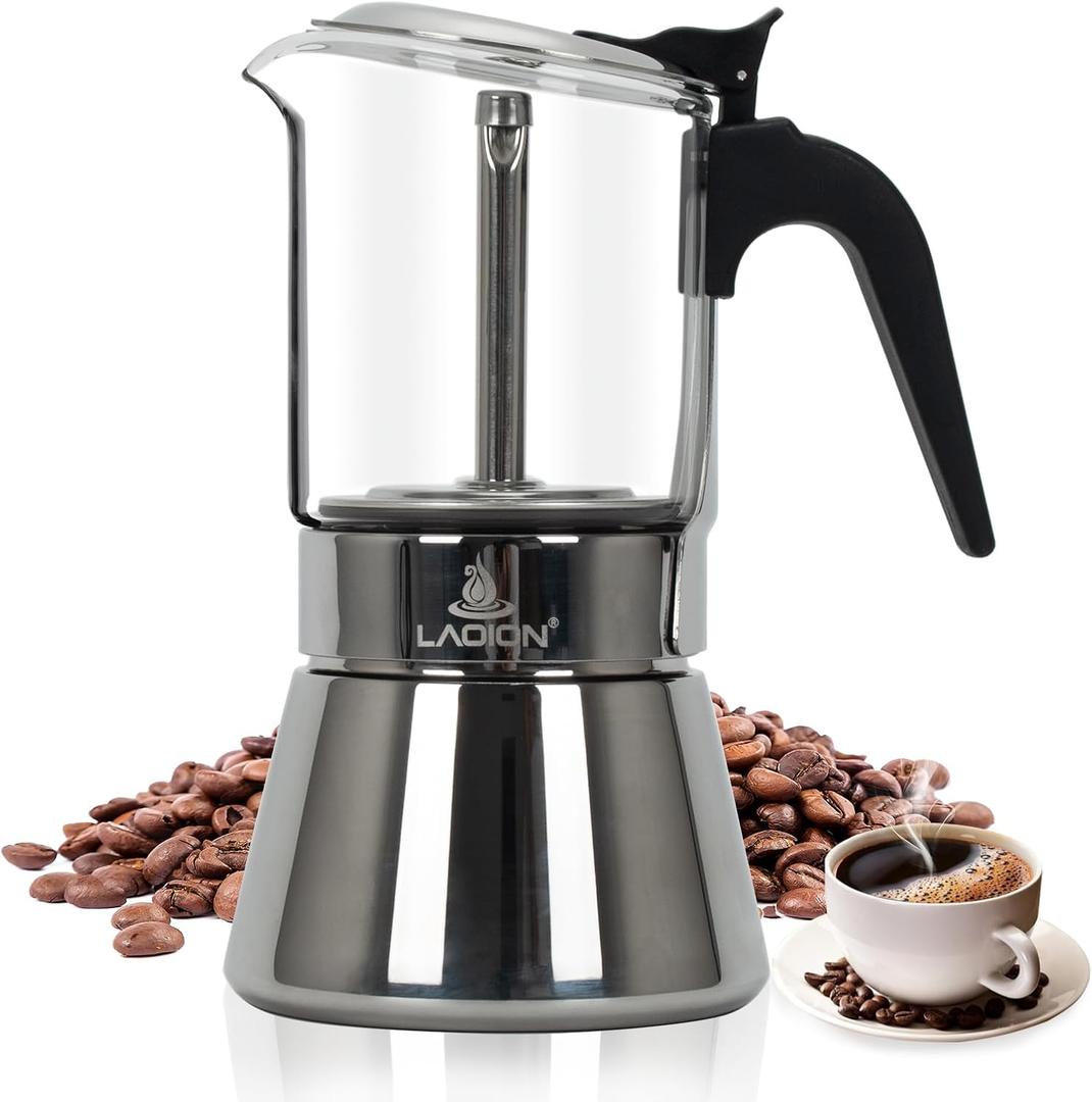 LAOION Stovetop Espresso Maker, 6Cup 240ml Classic Moka Pot, Crystal Glass-top & Stainless Steel Coffee Maker Mocha Pot, Greca De Cafe, Cuban and Italian Coffee Maker for Cafetera Cubana (Silver)
