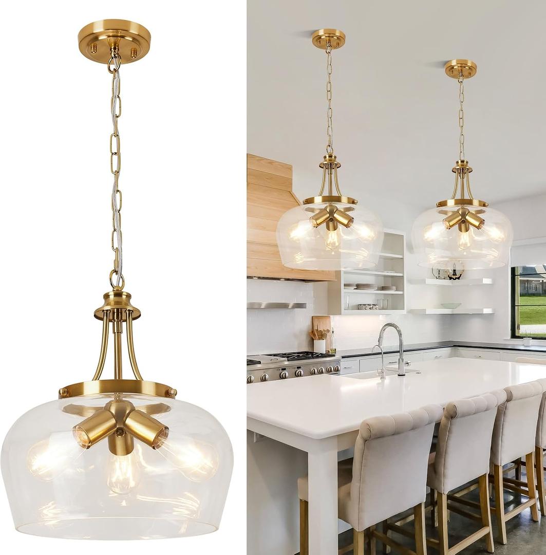 14.2" Modern Pendant Lights Kitchen Island, 3-Light Gold Pendant Light Fixtures with Clear Glass Shade, Industrial Hanging Pendant Lights Fixture for Kitchen Island, Dining Room, Bedroom, Entryway