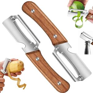 2PCS Multifunctional Vegetable Peeler, 2-in-1 Multifunctional Stainless Steel Peeler, Zero Snag Wooden Peeler, Potato Fruit Pumpkins Kitchen Peelers with Bottle Opener