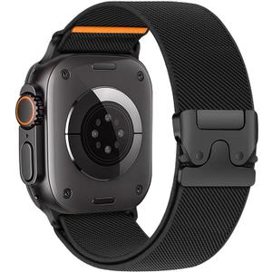 Elastic Sport Bands for Apple Watch Ultra/2 Bands 49mm 46mm 45mm 44mm 42mm 41mm 40mm 38mm Men Women,Parachute Buckle Stretchy Fabric Nylon Wide Strap Wristband for iWatch Series 10 9 8 7 6 5 4 3 SE/2 (01-Black(Orange line))