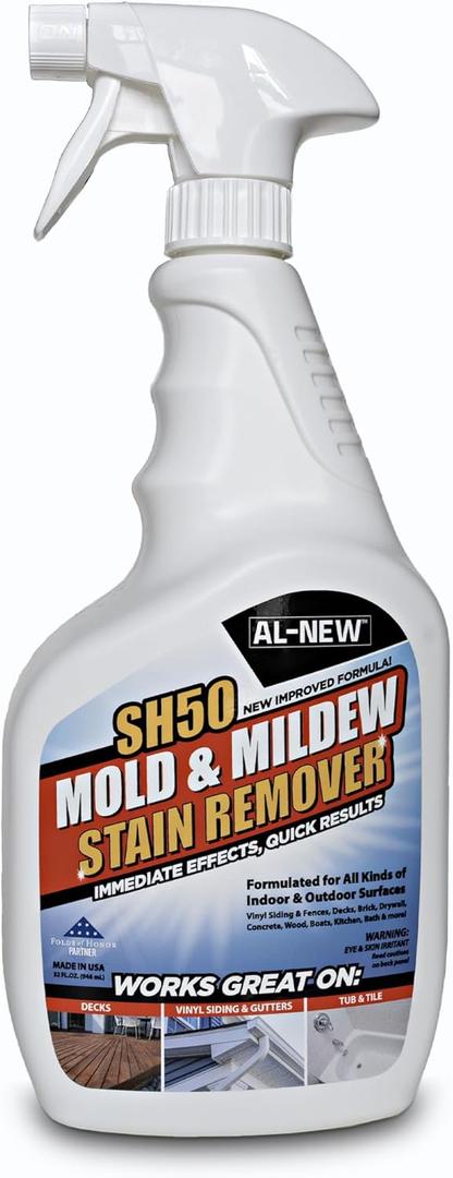 AL-NEW SH50 Mold and Mildew Stain Remover | Scrub Free Formula | Works Great on Decks, Vinyl Siding & Gutters, Tub and Tile (32oz Bottle) (32 Fl Oz (Pack of 1))