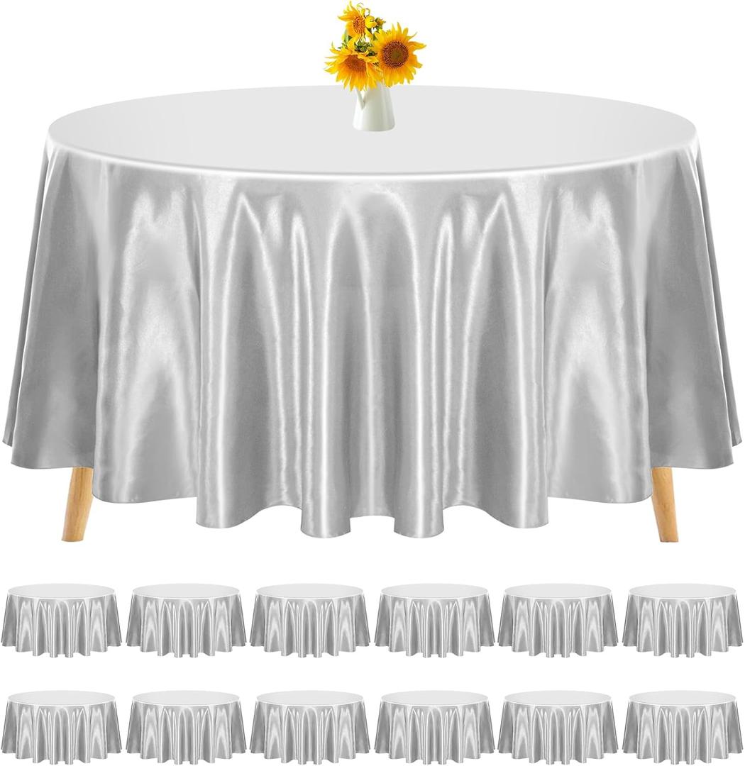 9 Pack 105 Inch Round Tablecloth, Silver Satin Fabric Table Cloth for Round Table, Wrinkle Resistant Washable Table Cover Bright Silk Table Clothes for Wedding Party Dining Table Banquet