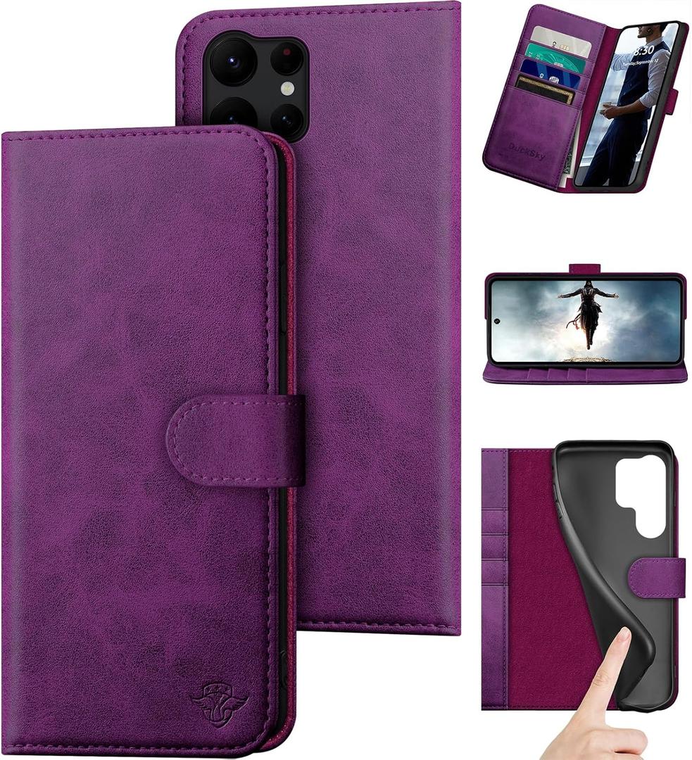 DuckSky Compatible with Samsung Galaxy S25 Ultra Genuine Leather Wallet caseRFID Blocking4 Credit Card HolderReal Leather Flip Folio Book Phone case Cover Women Men for S25 Ultra case Purple