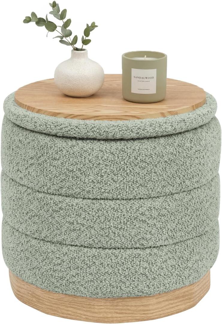 B FSOBEIIALEO Round Storage Ottoman with Tray, Folding Ottoman with Storage Coffee Table Foot Rest for Dorm Room Living Room Chenille Fabric,Wood-Grain Leather Base,Sage Green,15.35"x15.35"x14.57"