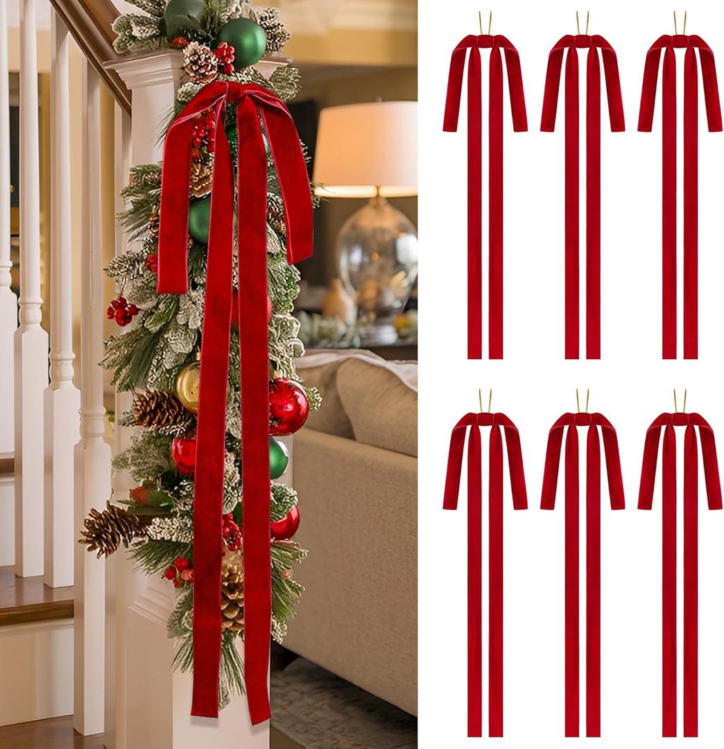 SIMISI RIBBON Red Long Velvet Bows Ornaments for Christmas Tree, Wreath, Garland, Swag, Staircase, Fireplace, Door (15 * 24 inch, 6 Pieces)