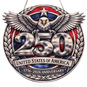 4 x Spiritlele 250th Anniversary USA Door Sign Silver Eagle Wooden Patriotic Wreath Hanging Plaque 4th of July Indoor Decoration for Front Door Home Office Celebration Gift