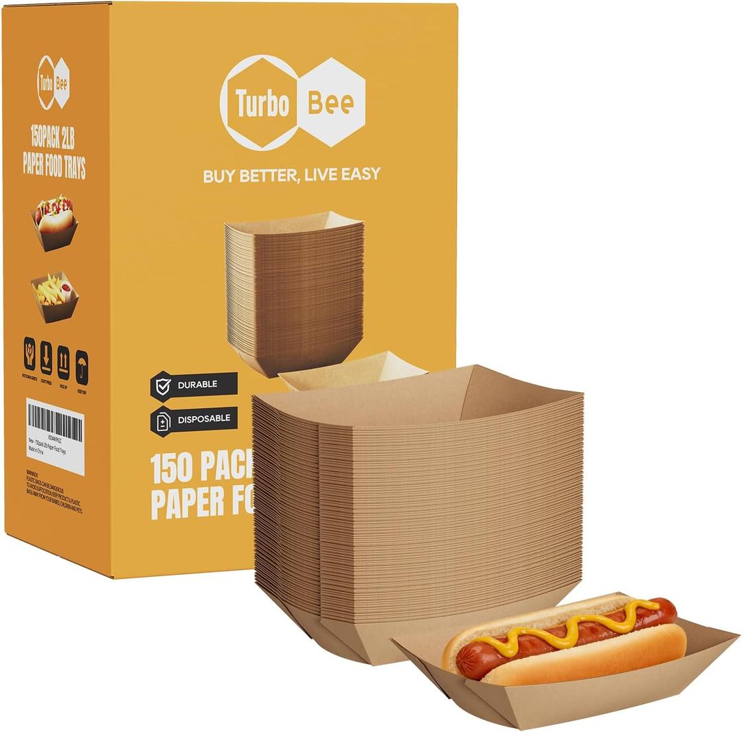 Disposable Paper Food Trays 2lb, 150 Pack Brown Paper Boats - Heavy Duty Holders for French Fries, Nachos, Hot Dogs, Tacos, Popcorn - Grease Resistant Snack Boats for Food Trucks, Parties, Delivery