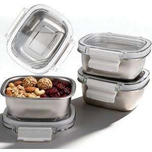 3 Pack Stainless Steel Reusable Snack Containers with Lids - 8.45 oz Small Metal Snack & Lunch Food Boxes, Shatterproof Leakproof Freezer Safe Meal Prep Containers for Portioning Snacks, Dips