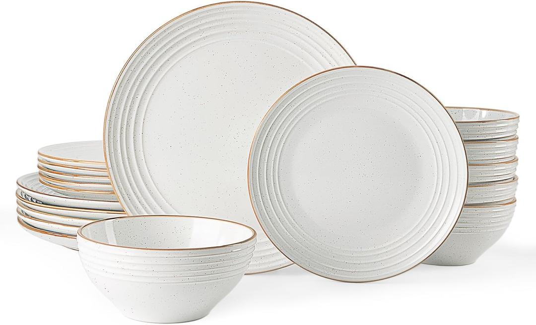 Famiware Jupiter 18-Piece Stoneware Dinnerware Sets for 6 Handcrafted Plates and Bowls with Speckles & Embossed Swirls, Chip & Scratch Resistant, Modern Rustic Dishes for Daily & Formal Use, White