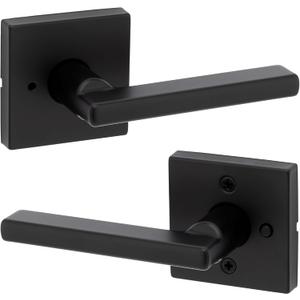 Kwikset Halifax Interior Privacy Door Handle with Lock, Door Lever For Bathroom and Bedroom, Matte Black Reversible Keyless Push Button Lock Door Lever, with Microban Protection, Square Rose