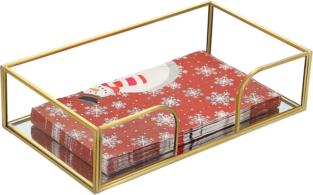Sumnacon Bathroom Guest Towel Holder - Rectangle Glass Napkin Holder for Guest Hand Towels Paper Napkins, Decorative Napkin Holder Tray for Bathroom Vanity Toilet Tank Table Kitchen Countertop, Gold (9.4 x 5.4 Inch/Guest Towel)