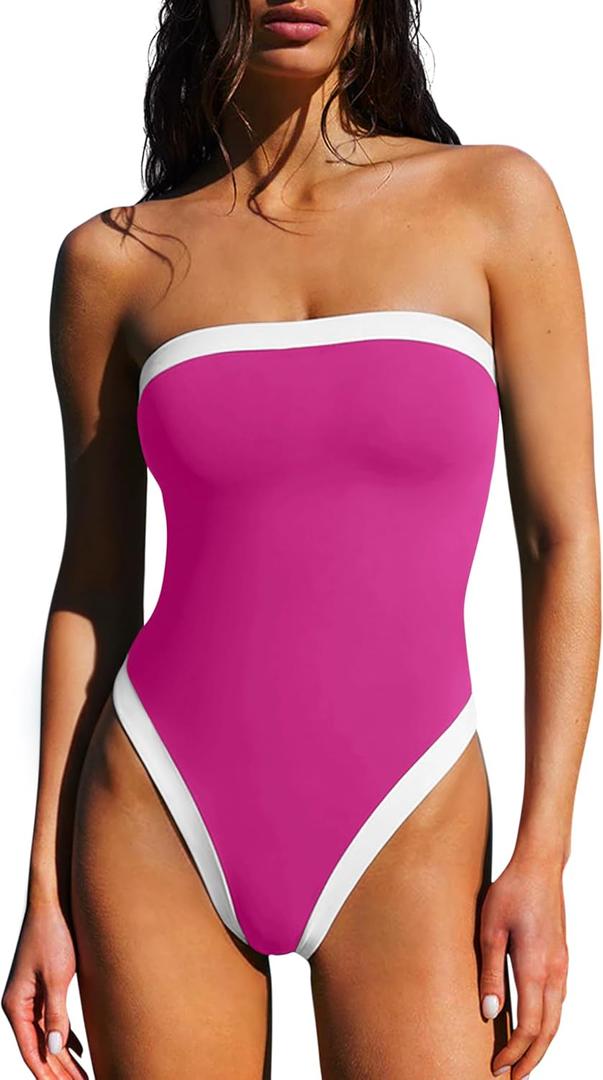 LASLULU Womens Sexy One Piece Swimsuit Strapless Padded Square Neck Bandeau Bathing Suits with Adjustable Spaghetti Straps (Pink, L)