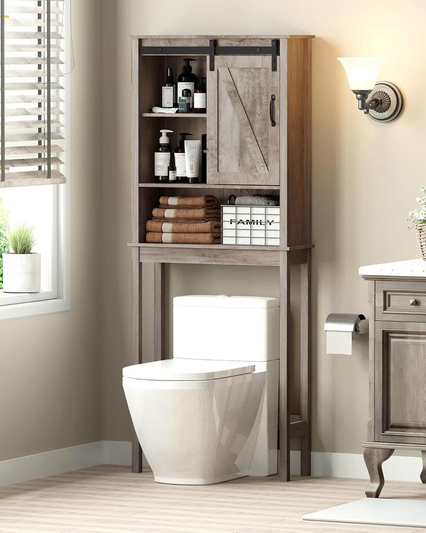 Crestlive Products Over The Toilet Storage Cabinet, Wood Bathroom Organizer with Adjustable Shelves and Sliding Barn Door, Space Saver-Gray (Grey)