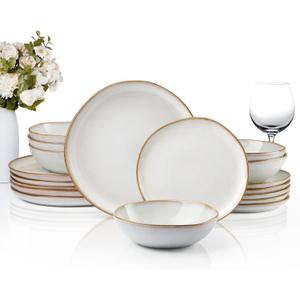 HaWare Plates and Bowls Set, Stoneware Dinnerware Sets, 18-Piece Hand-painted Dishware for 6, Scratch Resistant Ceramic Dinner Set for Home Kitchen, Microwave and Dishwasher Safe, Reactive Pearl White