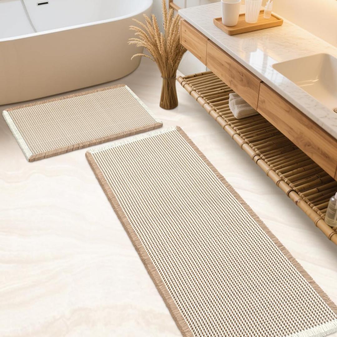 IM HOME Waffle Bath Mat Set 2 Piece Brown & Cream,Woven Modern Bath Rug Mats, Absorbent Non Slip Bath Floor Mat, Soft Washable Boho Bath Rugs with Tassels for Bathroom, Bedroom, Kitchen,Tub
