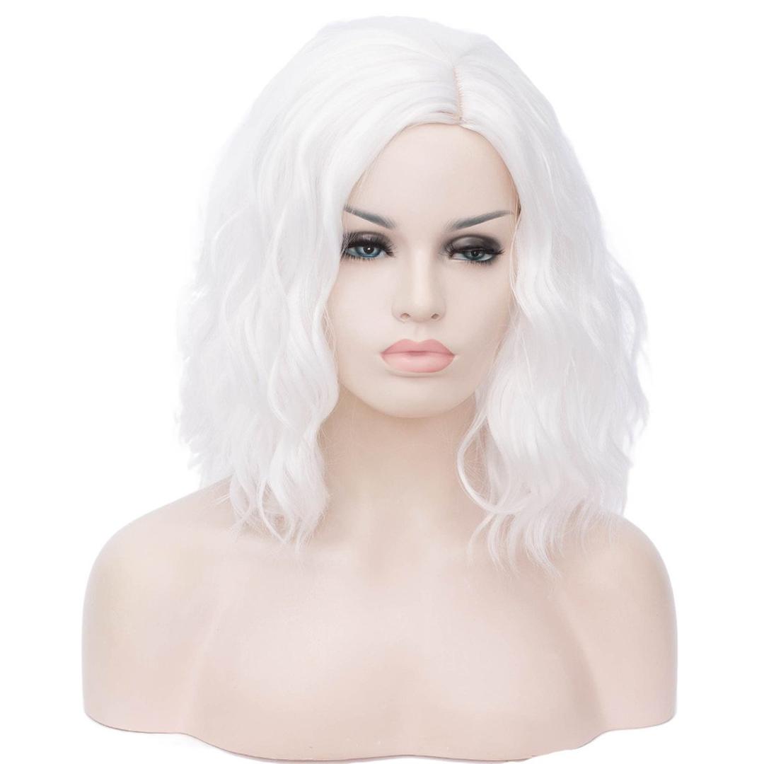 BUFASHION 14" Women Short White Wavy Curly Bob Wig Heat Resistant Synthetic Wig Halloween Cosplay Daily Party Wigs Include Wig Cap (White)