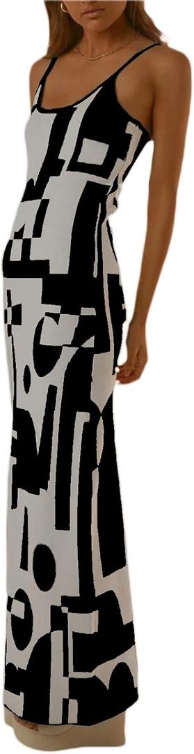 Sexy Knit Bodycon Dress for Women Sleeveless Spaghetti Strap Cut Out Maxi Dress Backless Y2K Summer Beach Dresses (Medium, A- Black & White)