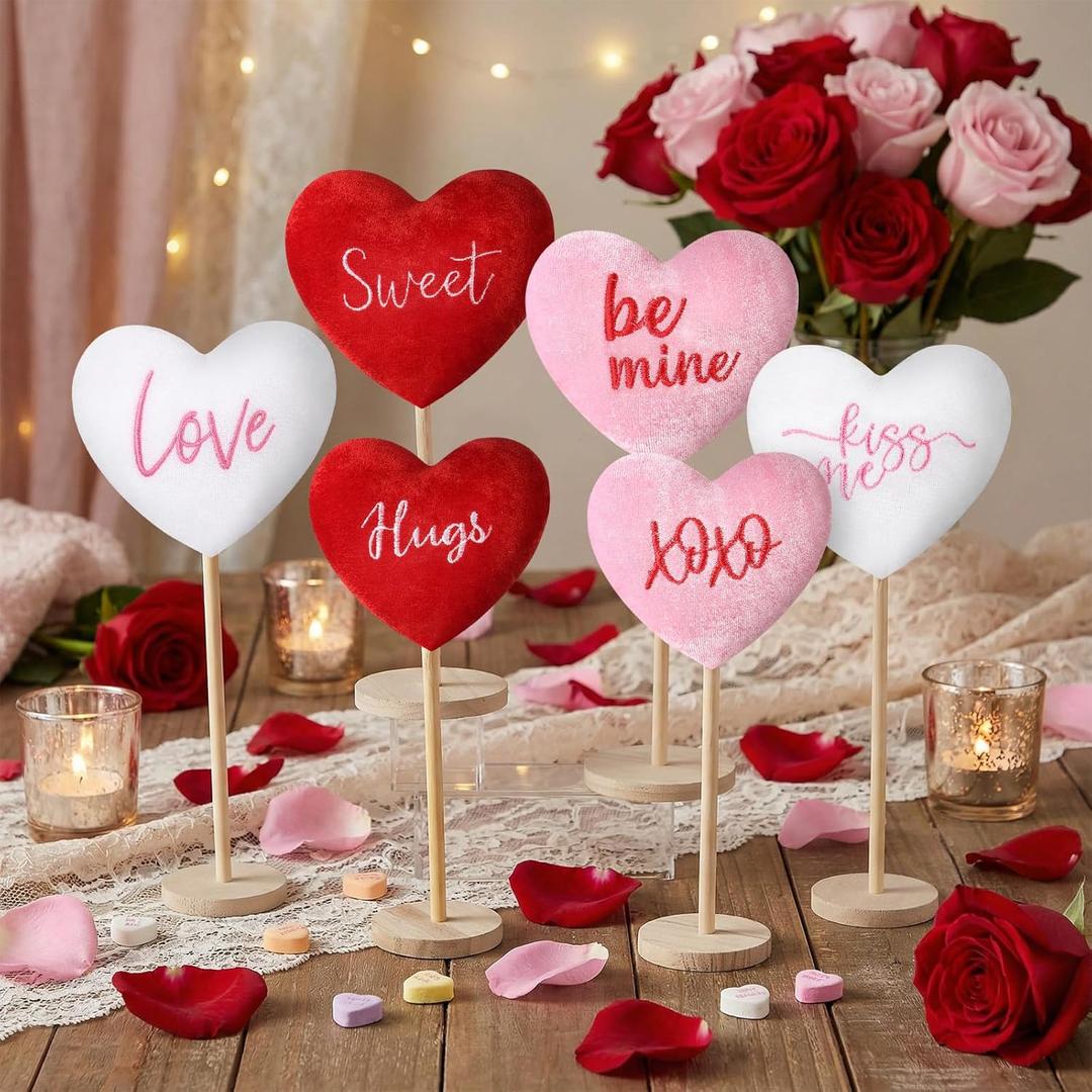 Amyhill 6 Pcs Valentine's Day Table Decorations Velvet Flocked Heart Table Decor Heart Shape Tabletop Centerpiece Standing Wooden Sign Valentines Day Decor for Home Office Shelf(Red, Pink,White)