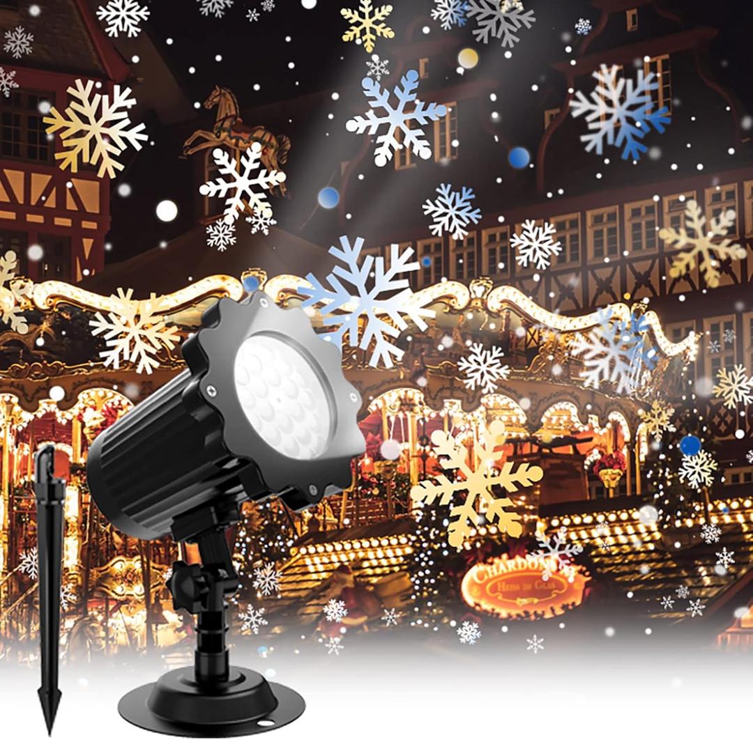 Christmas Snowflake Projector Lights with Outdoor Ground Stakes, IP65 Waterproof Decorative Snowfall LED Lighting Wall Mounted & Floor Mount Garden Patio Indoor Holiday Projector Lamp for Xmas