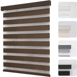 Joydeco Cordless Zebra Blinds for Windows, Dual Layer Light Control Window Blinds with Light-Proof Aluminum Cover, Free-Stop Roller Shades for Home & Office (Coffee,46" W x 75" H)