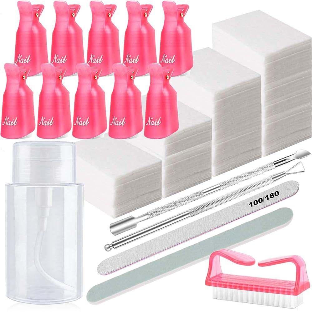 Nail Polish Gel Remover Tools Kit, Soak Off Cap Clip, 200ml Dispenser Bottle, UV Gel Polish Cuticle Pusher, 600 PCS Cotton Pads, Handle Brushes, 100/180 Nail File, Buffer Block, Finger Separators (PINK-SET)