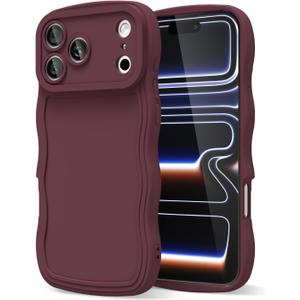 oakxco Girly Silicone Case for iPhone 17 Pro Max Generation, Wavy Curly Phone Case for Women Aesthetic, Y2k Cute Wave Frame Ripple Design, Soft Rubber Matte Plain Case, Burgundy Wine