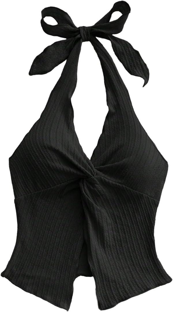 SHENHE Women's Twist Front Tie Halter Neck Split Hem Backless Summer Going Out Crop Top (Black), S