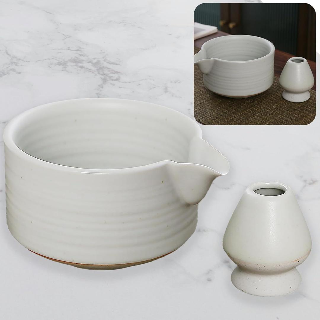 Handmade Ceramic Matcha Bowl Set with Spout & Whisk Holder - Traditional Chasen Tea Whisk Ritual Kit, Gift-Ready Chawan for Matcha Lovers - Coarse Pottery & Durable Design