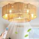 20 Inch Boho Caged Ceiling Fans with Lights Flush Mount, Layered Rattan Ceiling Fan with Light Remote Control with Reversible 6 Speeds for Bedroom, Nursery, Living Room, E12 Base, Indoor
