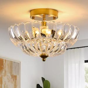 Gold Semi Flush Mount Ceiling Light, 12 Inch Vintage Crystal Light Fixture with 3-Light E26 Base, Modern Close to Ceiling Lamp for Bedroom Hallway Entryway Kitchen Foyer (8801-Clear)