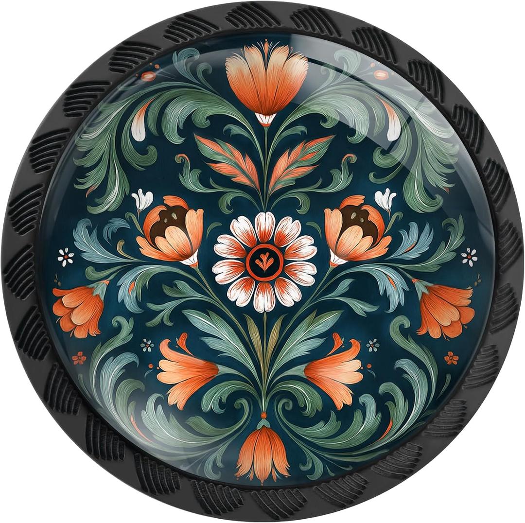 12 Pack Norwegian Rosemaling Folk Style Green Flower Cabinet Knobs Round Drawer Pulls Black Dresser Knob Cupboard Door Handles Hardware for Kitchen Bathroom Cabinets