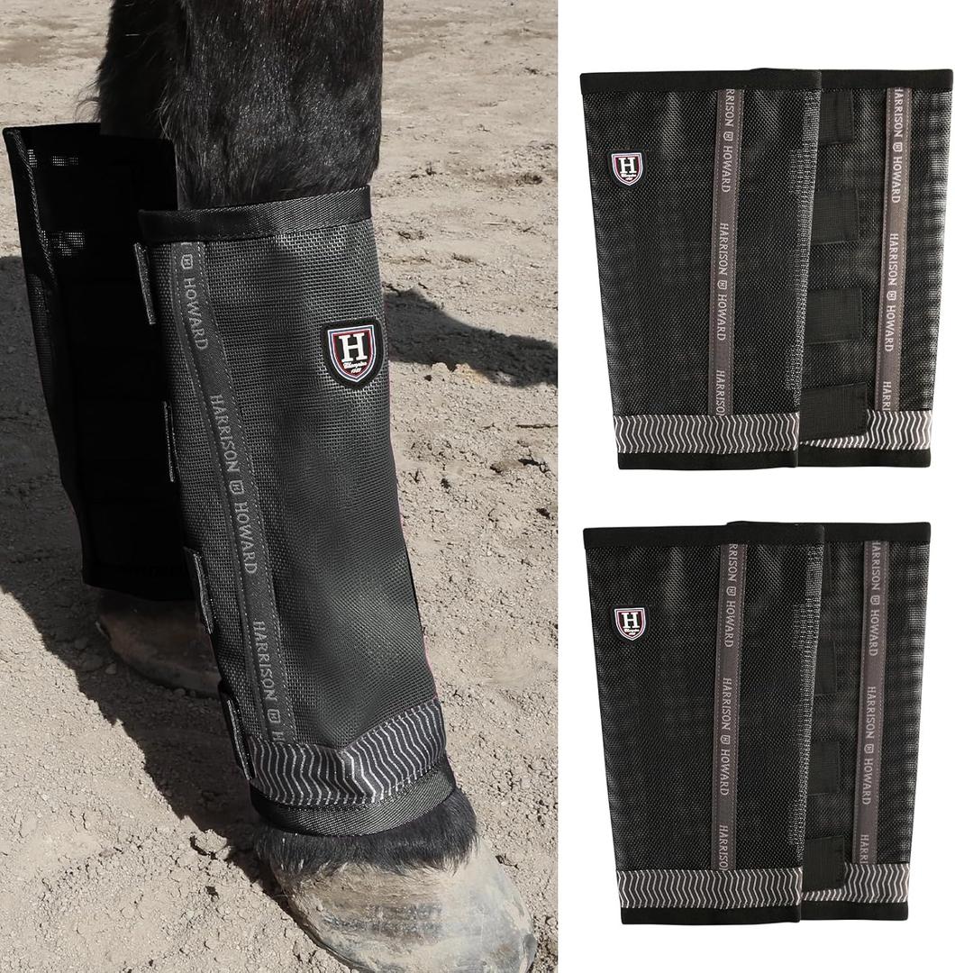 Harrison Howard Loose-Fitting Horse Fly Boots UV-Protective, Durable Fine Mesh Leggins with Reflective Strips (Set of 4) (Medium, Black)