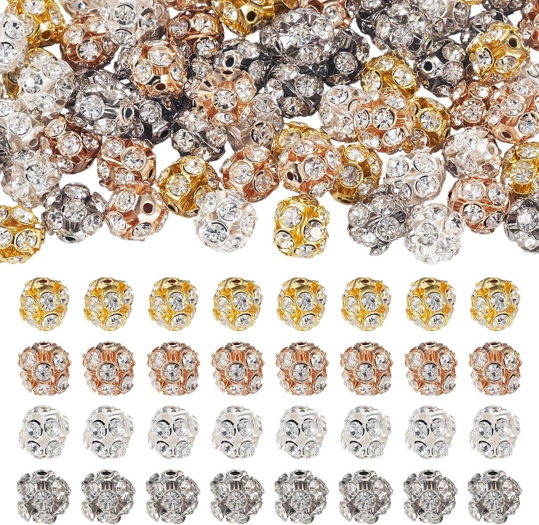 Pandahall 80Pcs Brass Rhinestone Beads 9mm Crystal Polymer Clay Disco Diamond Round Beads Bulk Loose Spacer Ball Bead for Pen Bracelet Earring Jewelry Making (4 Colors-9mm)