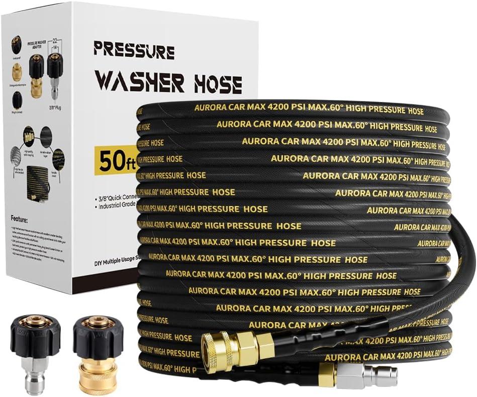 AURORA CAR Pressure Washer Hose 50FT with 3/8 Inch Quick Connect, Kink Resistant High Tensile Wire Power Washer Hose, Industry Grade for Power Washer Hose with 2 pcs M22 14mm Adapter Set,4200 PSI