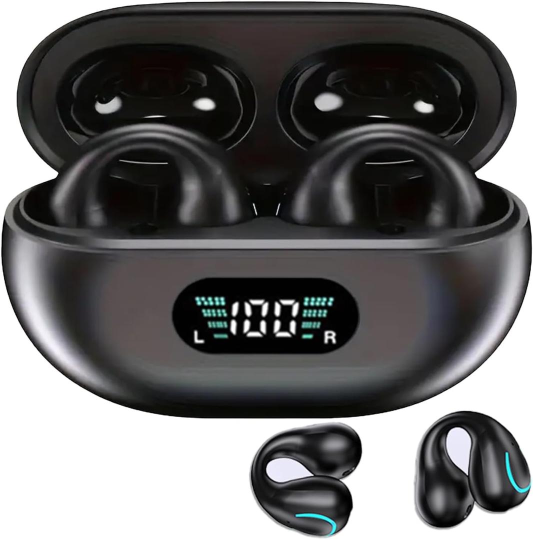 Open Ear Clip Bone Conduction Headphones Bluetooth, Sports Earphones Built-in Microphone with Earhooks & Ear Hook, Wireless Charging Case Display, Waterproof Fitness Headphones for Sports (Black)