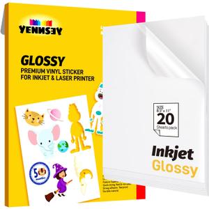Printable Vinyl Glossy Sticker Paper for inkjet printer 20 Sheets White Self-Adhesive Waterproof vinyl sticker paper for cricut- custom printable labels 8.5x11 Inches//YENNSEY