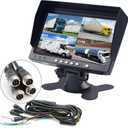 7-inches IPS Monitor 4ch Car Rear View Quad Split,Remote Control, 4-PIN Aviation Connect Video Inputs - 12V-24V 800X480HD for Truck RV Bus Car Vehicle Reversing Backup Rearview Cameras Monitor