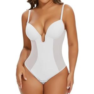 SHAPERIN Women's Backless Body Shaper Bra Faja U Plunge Low Back Thong Shapewear Tummy Control Deep V Bodysuit Size M