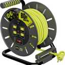 Masterplug 80ft Cord Reel, Retractable Extension Lead with Winding Handle, Safety Overload Circuit Breaker and Power Switch, 4X Grounded Outlets, 13amps, 14AWG Cable
