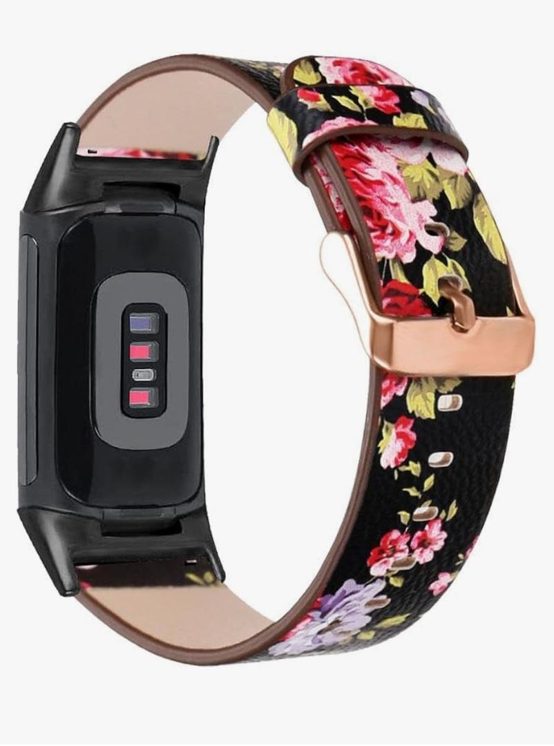 Abanen Leather Bands for Fitbit Charge 6/Charge 5, Floral Print Soft Leather Women Wristband Strap with Stainless Steel Quick Release Compatible with Fitbit Charge 5