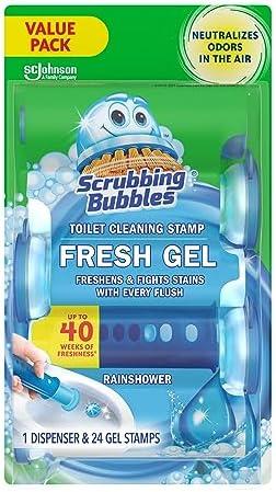 Scrubbing Bubbles Fresh Gel Toilet Bowl Cleaning Stamps, Helps Keep Toilet Clean and Helps Prevent Limescale & Rings, Rainshower Scent, 1 Dispenser with 24 Fresh Gel Stamps 3 pcs